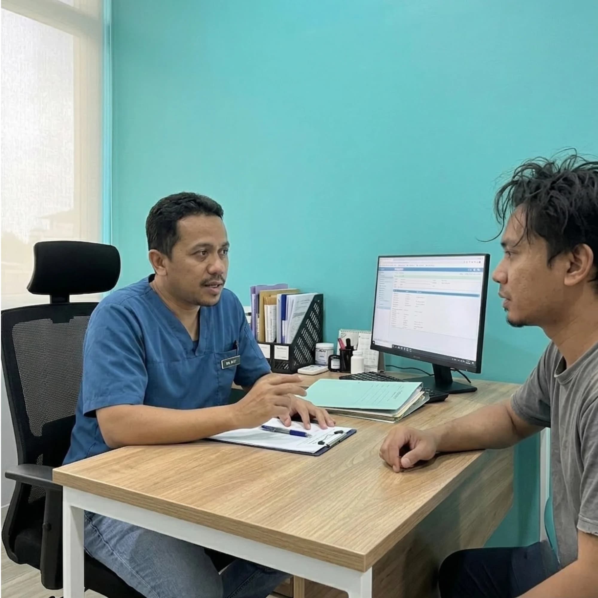 Perbincangan antara doktor dan pesakit di Pusat Rawatan Al-Farhain