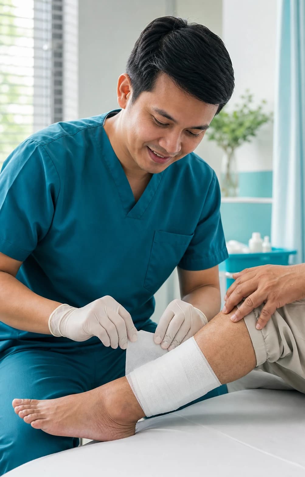 Doktor menilai kaki pesakit yang telah dibalut dalam suasana klinik yang selesa